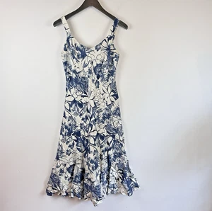 Per Una M & S Dress Size 12 Bias Cut Blue Floral Linen Fit Flare Strappy Sleeve - Picture 1 of 9