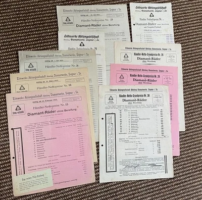 Diamant Preislisten, Elitewerke AG, Diamant-Räder, 9x, aus Feb.-Nov. 1923 Jahre - Bild 1 von 4