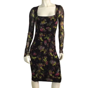 JEAN PAUL GAULTIER Soleil Kleid, M, Mesh, Rohbündchen, schwarz/grün/rosa geblümt - Bild 1 von 13