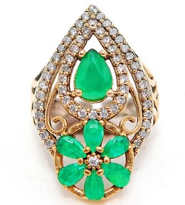 Ottoman Empire Style 6CT Treated Emerald 925 Sterling Silver Ring Sz 8 TT2 - Image 1 of 3