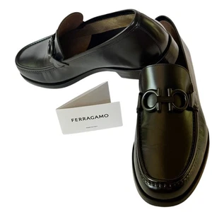 Ferragamo ROLO 11 D Black Loafers Leather Gancini Bit Moccasin Men's Dress Shoes - Picture 1 of 6