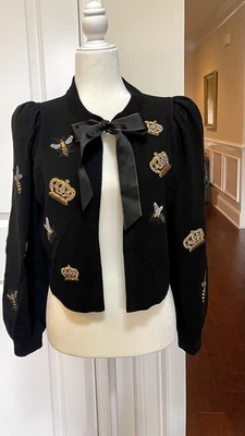 ALICE + OLIVIA Kitty Bee Crown and Black Bow Cardigan Sweater  SZ Large $595 NWT - Image 1 of 4