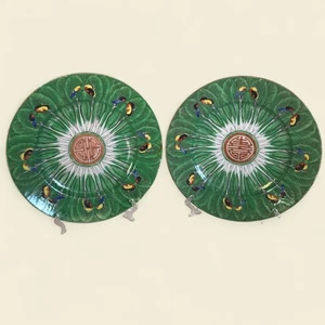 Pair of 19th C. Famille Vert Bokchoy Chinese Export Plates w/ Butterfly Motifs - Picture 1 of 8