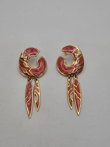 Vintage Edgar Berebi Pink Enamel Gold Tone Dangle Petite Earrings - Picture 1 of 11