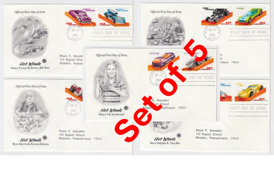 TurtlesTradingPost- Hot Wheels Cars 2018 FDC #5321-30 Artcraft Variety Set of  5 - Image 1 of 4