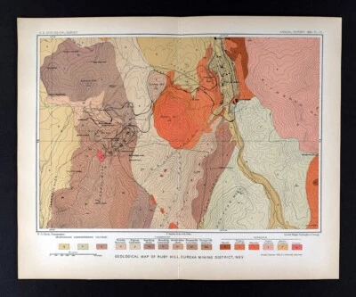 1881 US Geological Survey Map Eureka Mining Ruby Hill Gold Mine Ghost Town - Image 1 of 3