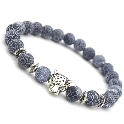 Pulsera Unisex Azul Ágata Piedra y Plata Cabeza de Leopardo Cuentas NUEVO Foto 1 de 4