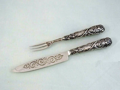 JUEGO DE POSTRE INGLÉS PLATA ESTERLINA FRUTA FRESA CUCHILLO TENEDOR Birmingham 1858 Foto 1 de 4