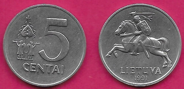 LITHUANIA 5 CENTAI 1991 UNC 1 YEAR TYPE,KNIGHT,LARGE VALUE TO RIGHT OF ARTISTIC - Image 1 of 1