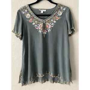 Coldwater Creek Grey Floral Embroidered Short Sleeve Top Blouse Tunic Boho Small