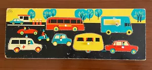 Made in Malta GALT TOYS Wood Board Puzzle 6 pcs knobs Vtg Vehicles Roadtrip - Picture 1 of 4