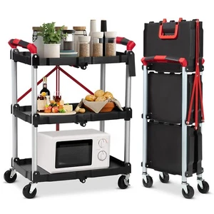 Folding Utility Service Cart with Wheels & 3 Tier Storage for Grocery & Kitchen - Picture 1 of 7