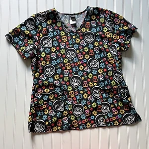 DISNEY Pixar COCO Miguel SCRUB TOP Halloween Sugar Skulls Large Black Medical - Picture 1 of 7