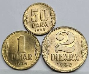 YUGOSLAVIA Serbia lot 3x 50 para 1 dinar 2 dinara 1938 BU UNC Crown Luster #D33 - Picture 1 of 6