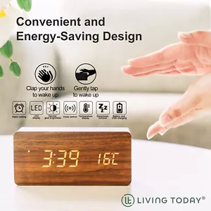 Wooden LED Digital Alarm Clock Temperature Bedside Table Time Display Room Decor - Picture 1 of 17