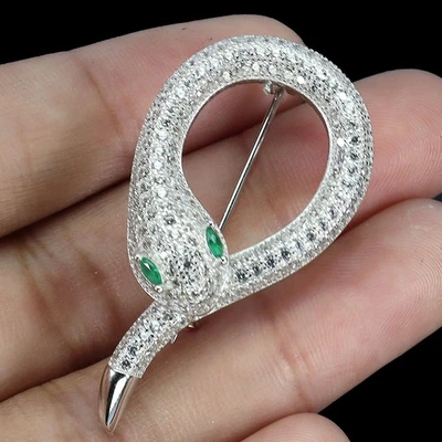 925 Sterling Silver Brooch Pendant Round Simulated Cz Cobra Gemstone Jewelry - Image 1 of 4