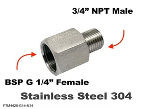 BSP G 1/4" FEMALE to 3/4" NPT MALE Stainless Sensor Adaptor Fittings Conversion - Imagen 1 de 6