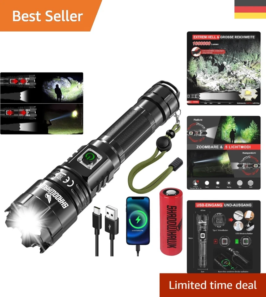 Shadowhawk LED Taschenlampe 1000000 Lumen 5 Lichtmodi Aufladbar