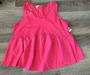 Camiseta sin mangas Terra & Sky cuello en V dobladillo peplum medios mixtos rosa frambuesa 1X 16W-18W - Imagen 1 de 5