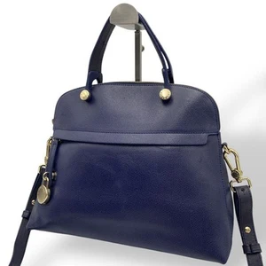 FURLA Handbag Shoulder Bag Small Logo Leather Navy Women's USED FROM JAPAN - Picture 1 of 14