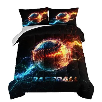  Baseball Comforter for Boys Girls Teens,Flame Lightning Size Full Black-ball - Image 1 of 4