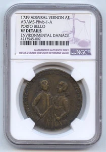 Panama 1739 Admiral Vernon Medal (#1404) Porto Bello. Adams-PBvb-1-A. NGC VF - Picture 1 of 4