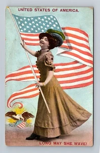 Long May She Wave - Beautiful Young Woman Waving U.S. Flag c.1908 Postcard - Picture 1 of 2