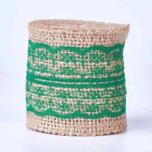 1 mètre Ruban Toile de Jute et dentelle verte - Photo 1 sur 1