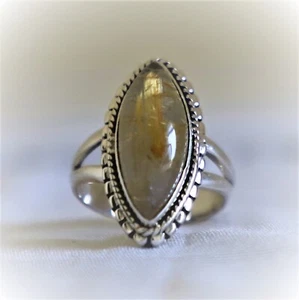 GOLDEN RUTILE QUARTZ NATURAL GEMSTONE 925 STERLING SILVER HANDMADE JEWELRY RING - Imagen 1 de 7