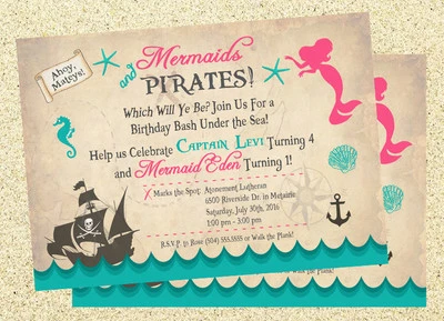 Mermaid & Pirate Invitations, Mermaid & Pirate Birthday Invitations, DIGITAL - Image 1 of 4