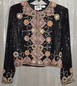 Giacca seta vintage anni 80 paillettes con strass cuciture oro di linea party MEDIA - Foto 1 di 12