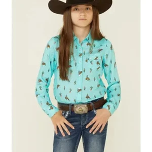 New! Youth girl's Roper Turquoise CACTUS & COWBOY PRINT WESTERN SHIRT 3 SIZES! - Picture 1 of 5
