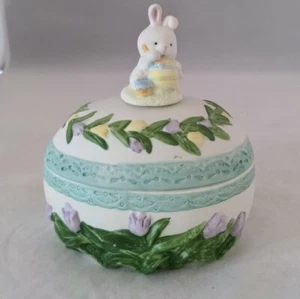 Easter Egg Porcelain Curio Trinket Box w/Rabbit Painting Egg on Top 4.5"x3.5"x5" - Picture 1 of 9