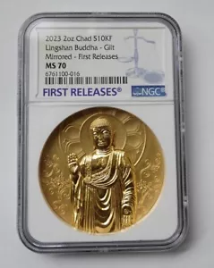 Moneda de Plata Espejada Buda Lingshan NGC MS70 FR Chad 2023 2 oz dorada con certificado de autenticidad - Imagen 1 de 3