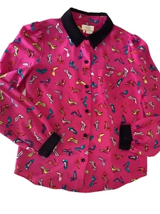 Kate spade New York 100%silk long sleeves “designer heels shoes” blouse Sz 0 - Picture 1 of 14