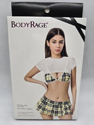 Conjunto de sujetador de encaje amarillo a cuadros para niña escolar, mini falda y bragas con tanga S/M Foto 1 de 4