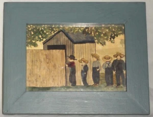 Signiertes gerahmtes Gemälde Becker ~ PA Dutch ~ Volkskunst ~ Amish Boys at Outhouse - Bild 1 von 7
