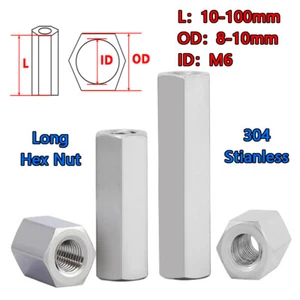 M6 A2 Stainless Steel Sleeve Rod Bar Stud Hex Connector Tube Long Nut 10mm-100mm - Imagen 1 de 17