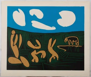 Pablo PICASSO : Bacchanale, Acrobates et Taureau, Linogravure (1962) - Picture 1 of 3
