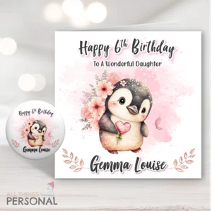 Girls Birthday Card Penguin Granddaughter Daughter Sister Personalised any age - Picture 1 of 14