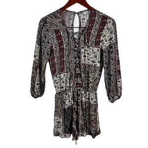 American Eagle Shorts Romper Small Multiprint Paisley Floral Boho Lace Up Chest - Picture 1 of 9