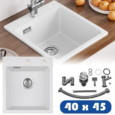 AURALUM MAX Granit Spülbecken 40x45cm Weiß Küchenspüle Einbauspüle mit Siphon Waschbecken