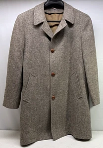 Vintage  ZERO KING  Men's 44  Wool Brown Herringbone Overcoat with Zip Out Liner - Picture 1 of 14