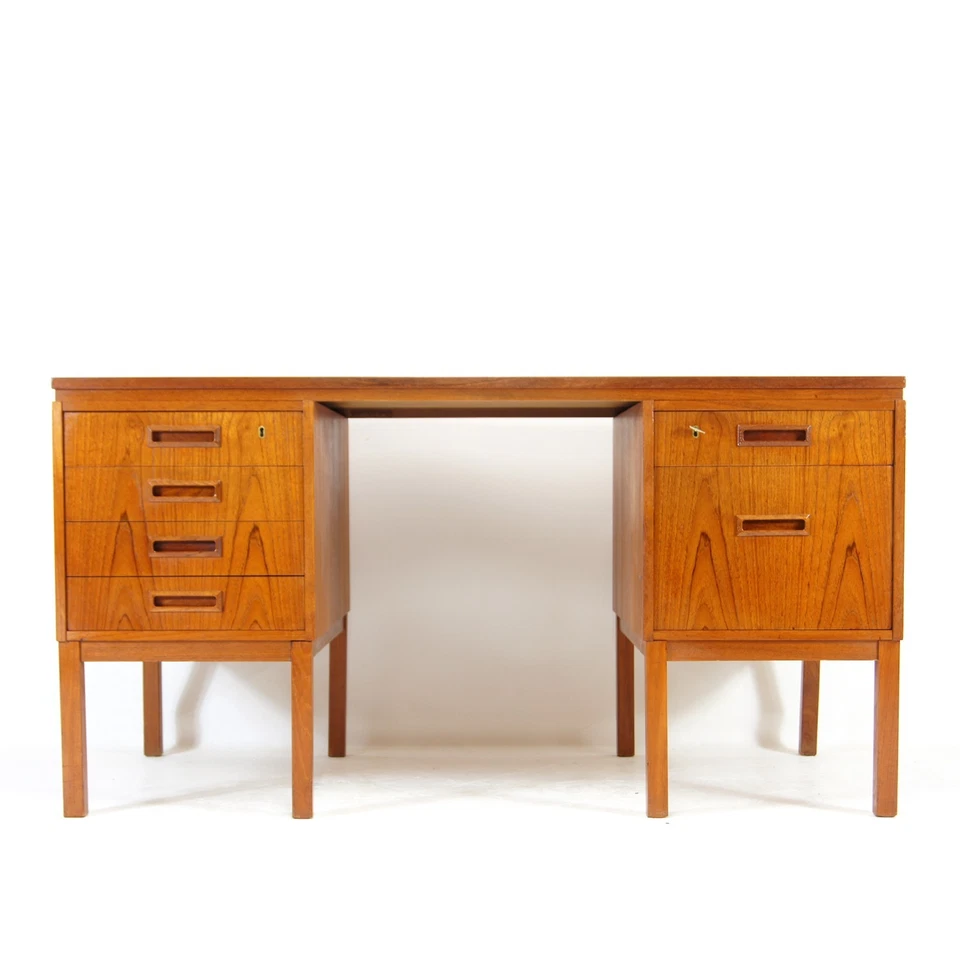 Retro Vintage Danish Double Pedestal Writing Office Desk Mid Century Teak 1970s - Image 1 of 1