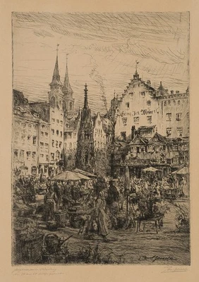 P. GEISSLER (1881-1965), Wochenmarkt in Nürnberg, Rad. Impressionismus Trachten - Bild 1 von 4