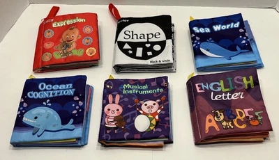 Soft Cloth Baby Books Lot of 6 Shapes Sea Life Letters Expressions Instruments - Image 1 of 4