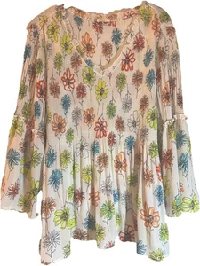 White & Vibrant Floral Women’s Pullover Blouse Sz L Boho Hippie Smocked Top - Picture 1 of 10