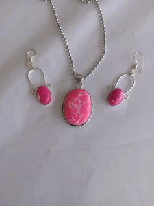 Handcrafted Pink Larimar pendant necklace & earring set. Set in 925 silver plate - Picture 1 of 5