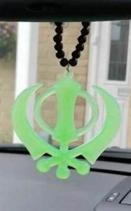 Acrylic green punjabi sikh large khanda stunning pendant car rear mirror black - Picture 1 of 3