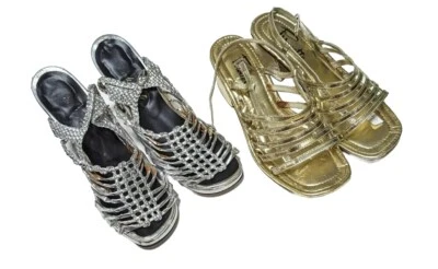 复古 60 年代嬉皮士迷幻金色和银色凉鞋 2 双 — 第 1/4 张图片